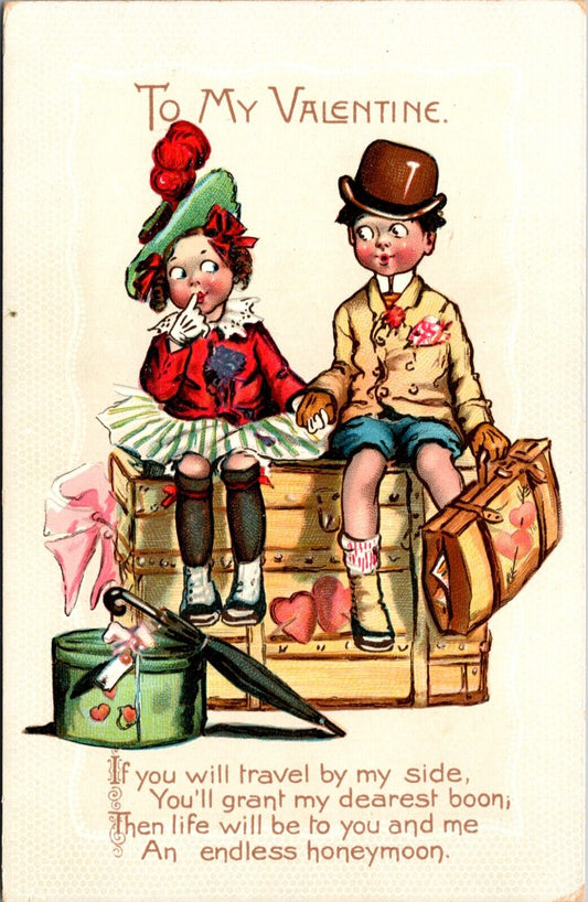 Vintage Valentine Postcard K Gassaway Travel By My Side Boy & Girl Sit on Trunk