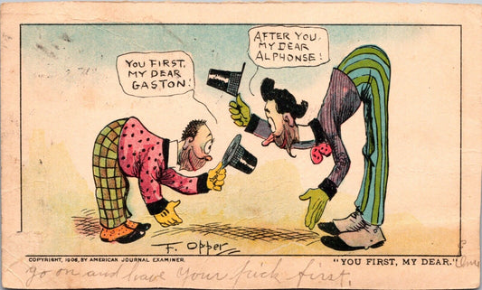 1906 Postcard a/s Opper Happy Hooligan Bows to Male Friend “You First My Dear”