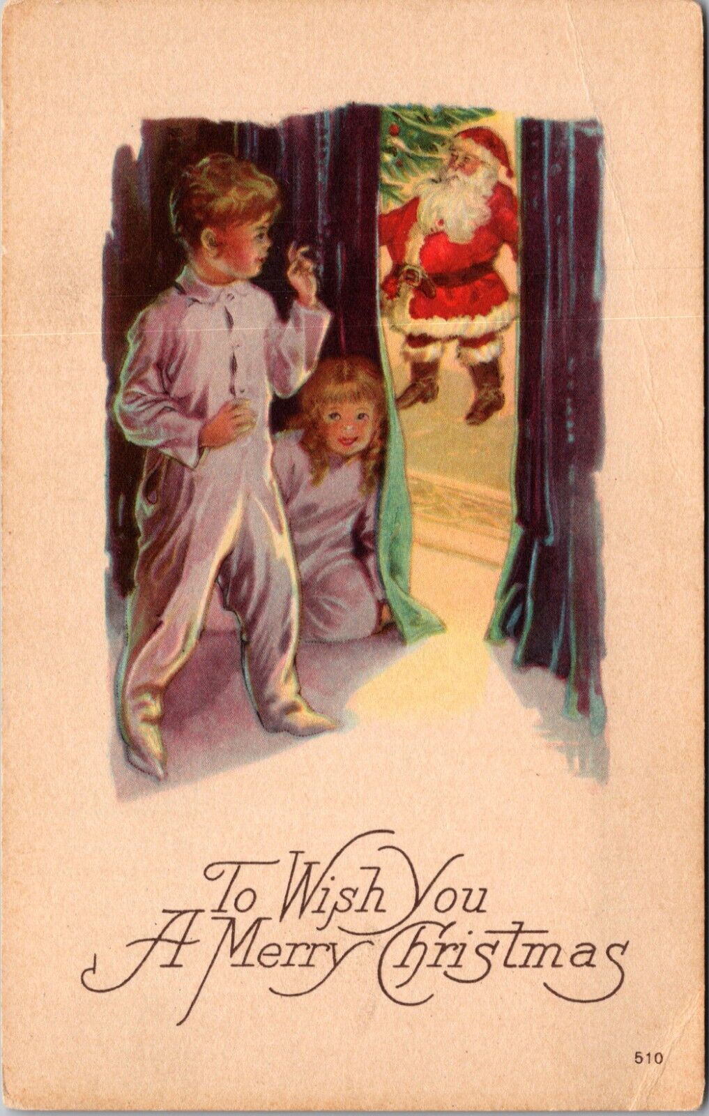 Vintage Christmas Postcard Boy & Girl Hide Behind Curtain Watch Santa Red Suit