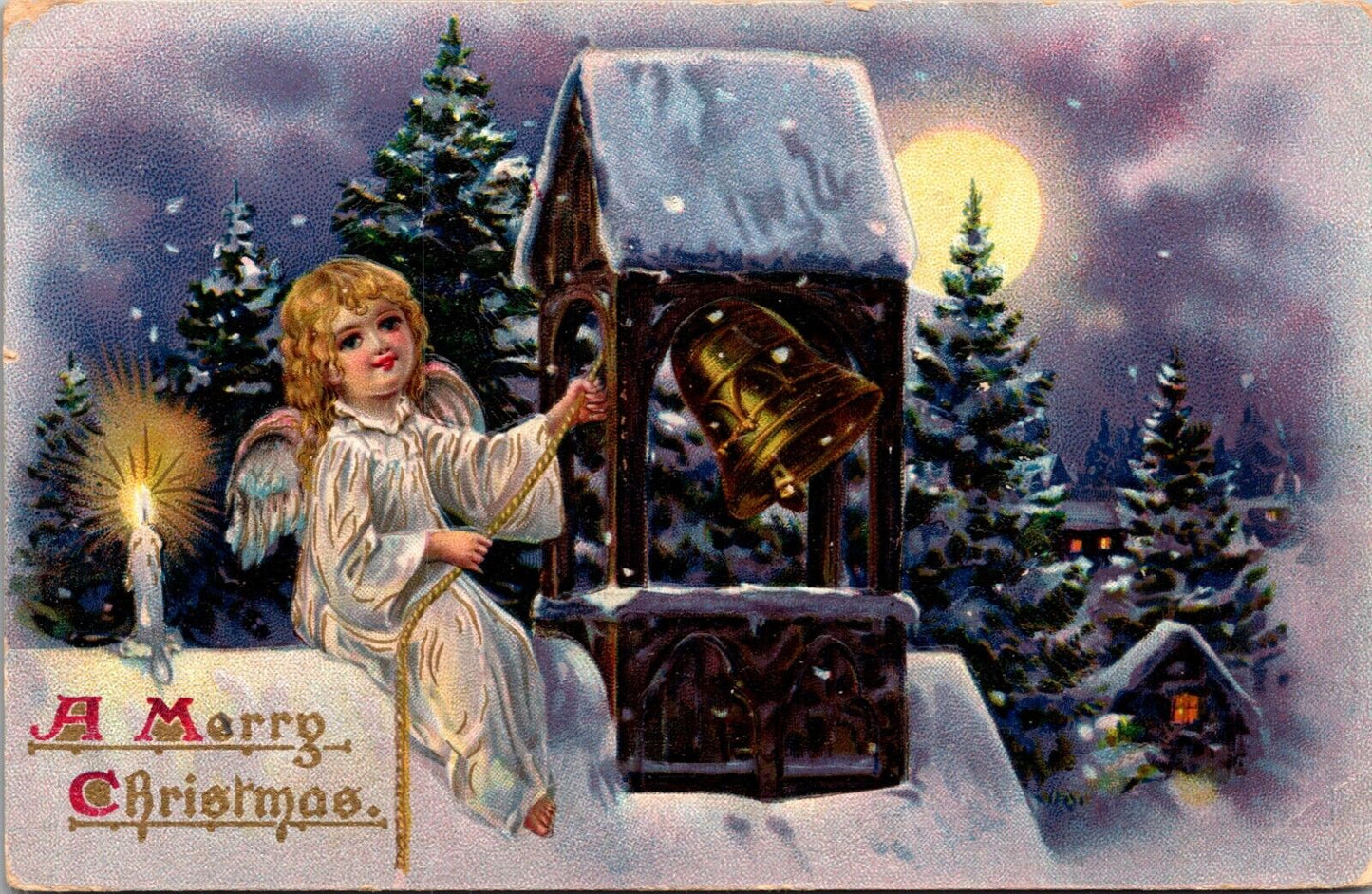 1908 Christmas Postcard Winged Cherub Angel Rings Bell On Top of Church at Night