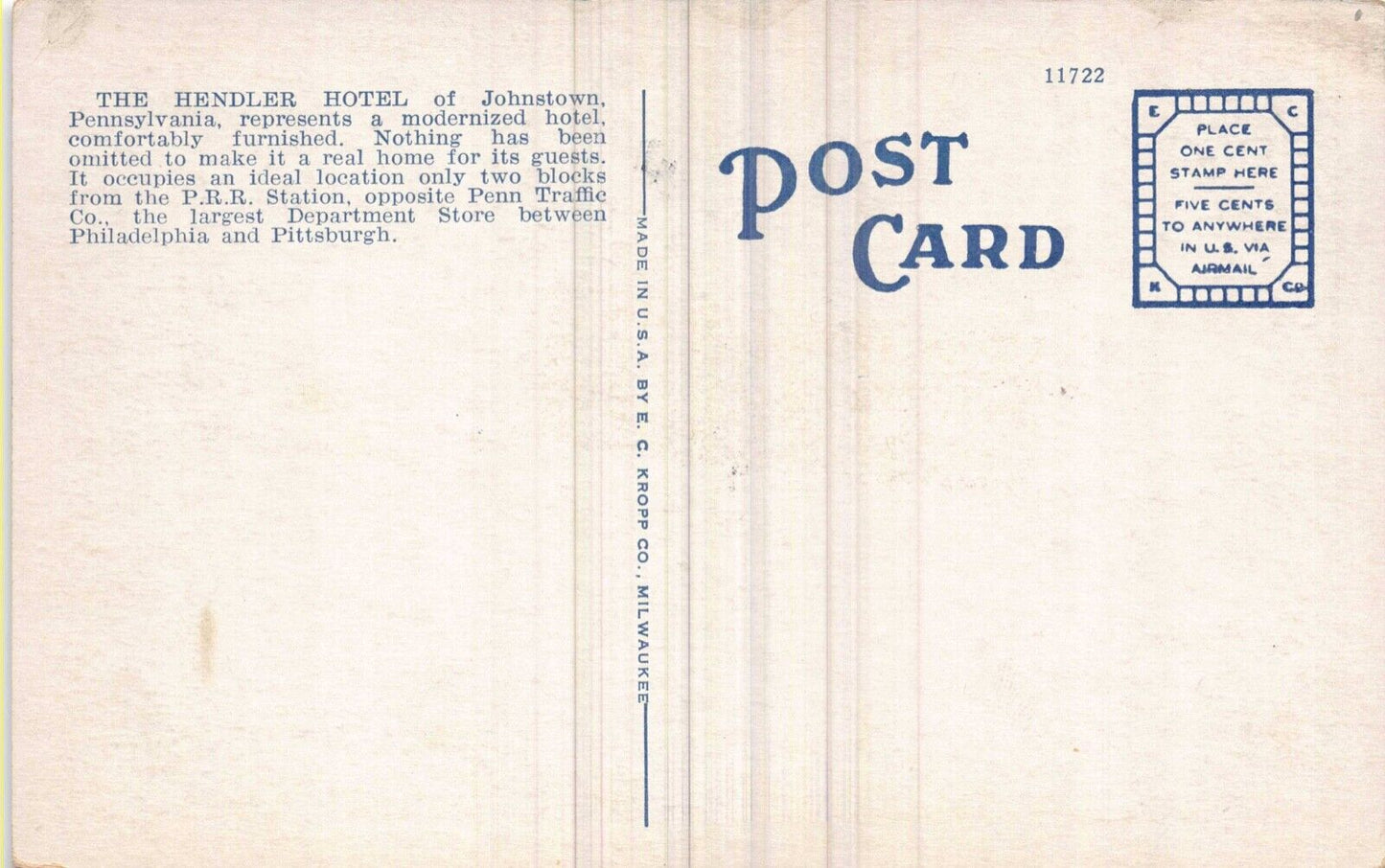Postcard Lounge and Lobby at Hendler Hotel in Johnstown, Pennsylvania