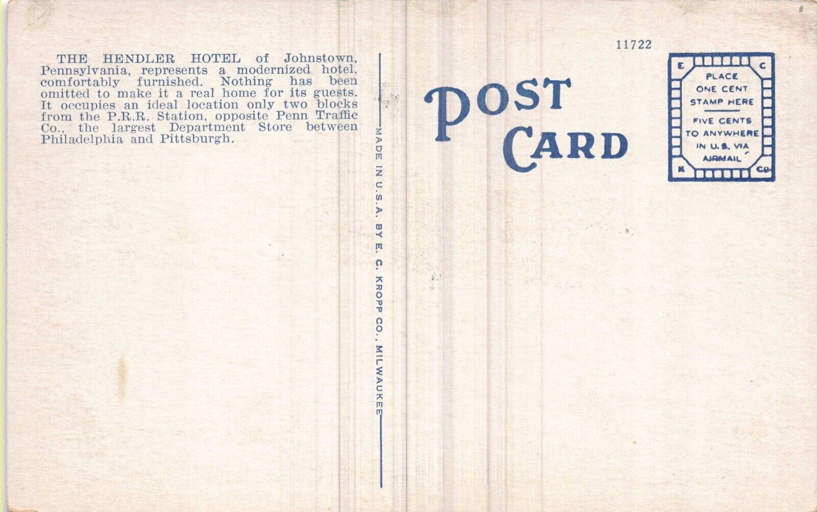 Postcard Lounge and Lobby at Hendler Hotel in Johnstown, Pennsylvania