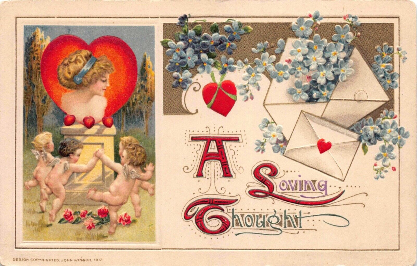 Winsch Valentine's Day PC Cherub Cupid Woman Heart Love Letters Flowers