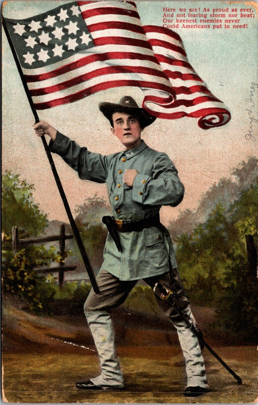1907 Patriotic Colorized Photo Postcard Soldier Waving US Flag Overhead