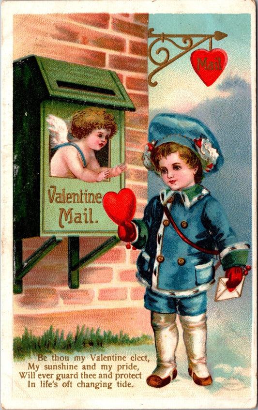 Vintage Valentine Postcard Messenger Boy Blue Suit Gets Heart From Cupid Mailman