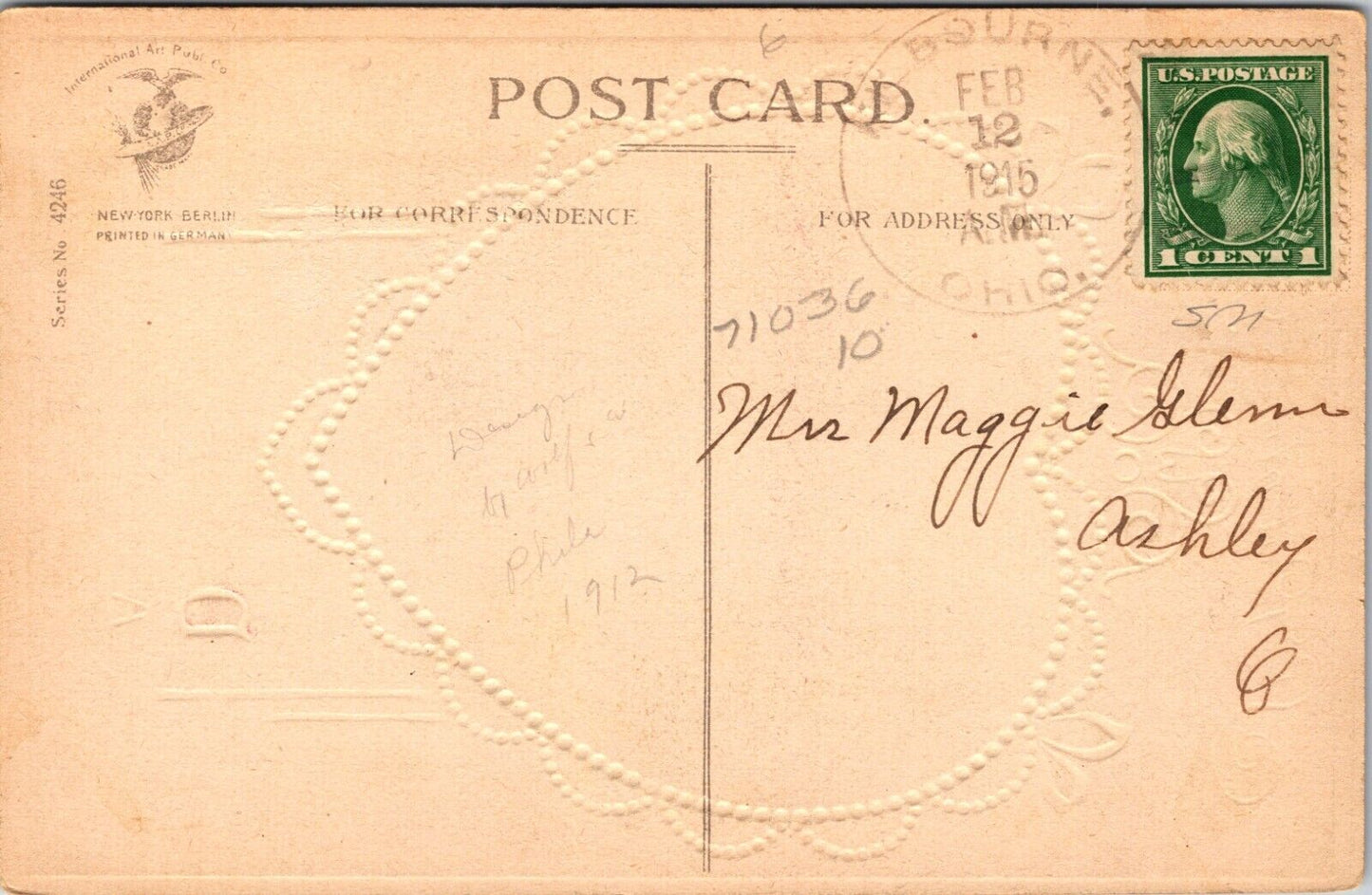 Vintage Valentine Postcard Pretty Lady in Straw Hat Framed in Red Heart 1915