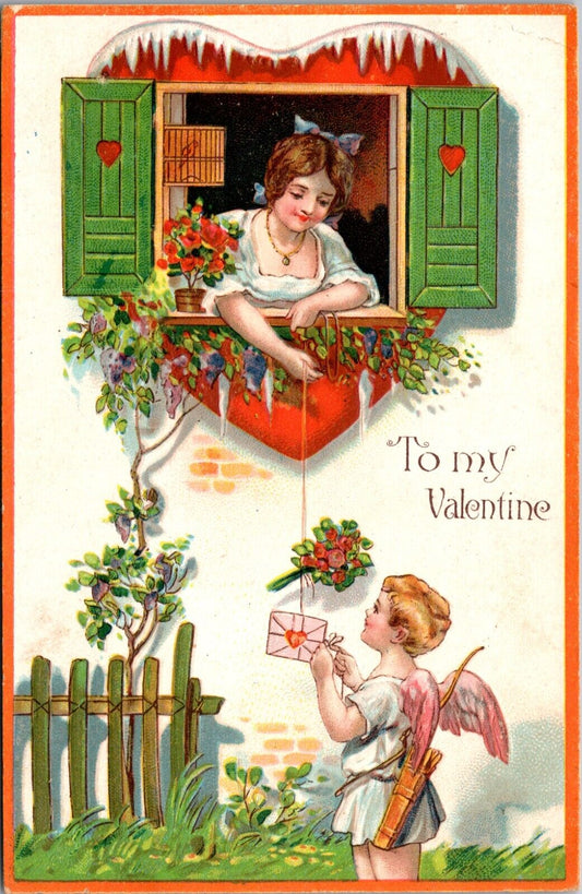 Vintage Valentine Postcard Girl Lowers Letter From Window To Messenger Cupid