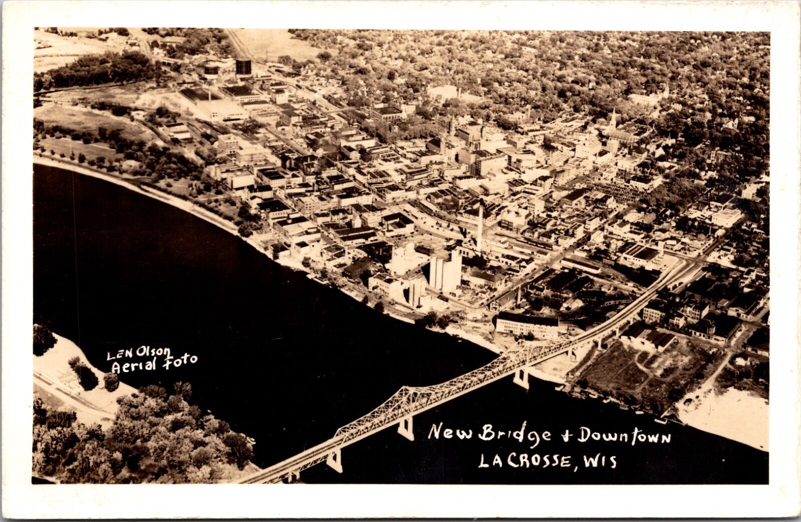 Real Photo Postcard Aerial View of Bridge and Downtown La Crosse, Wisconsin