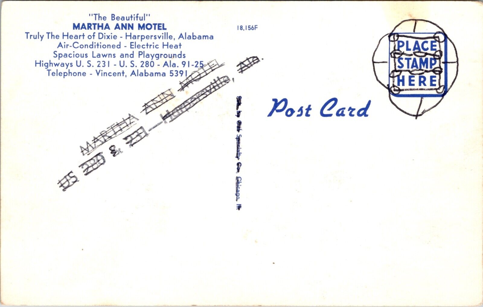 Postcard Martha Ann Motel in Harpersville, Alabama