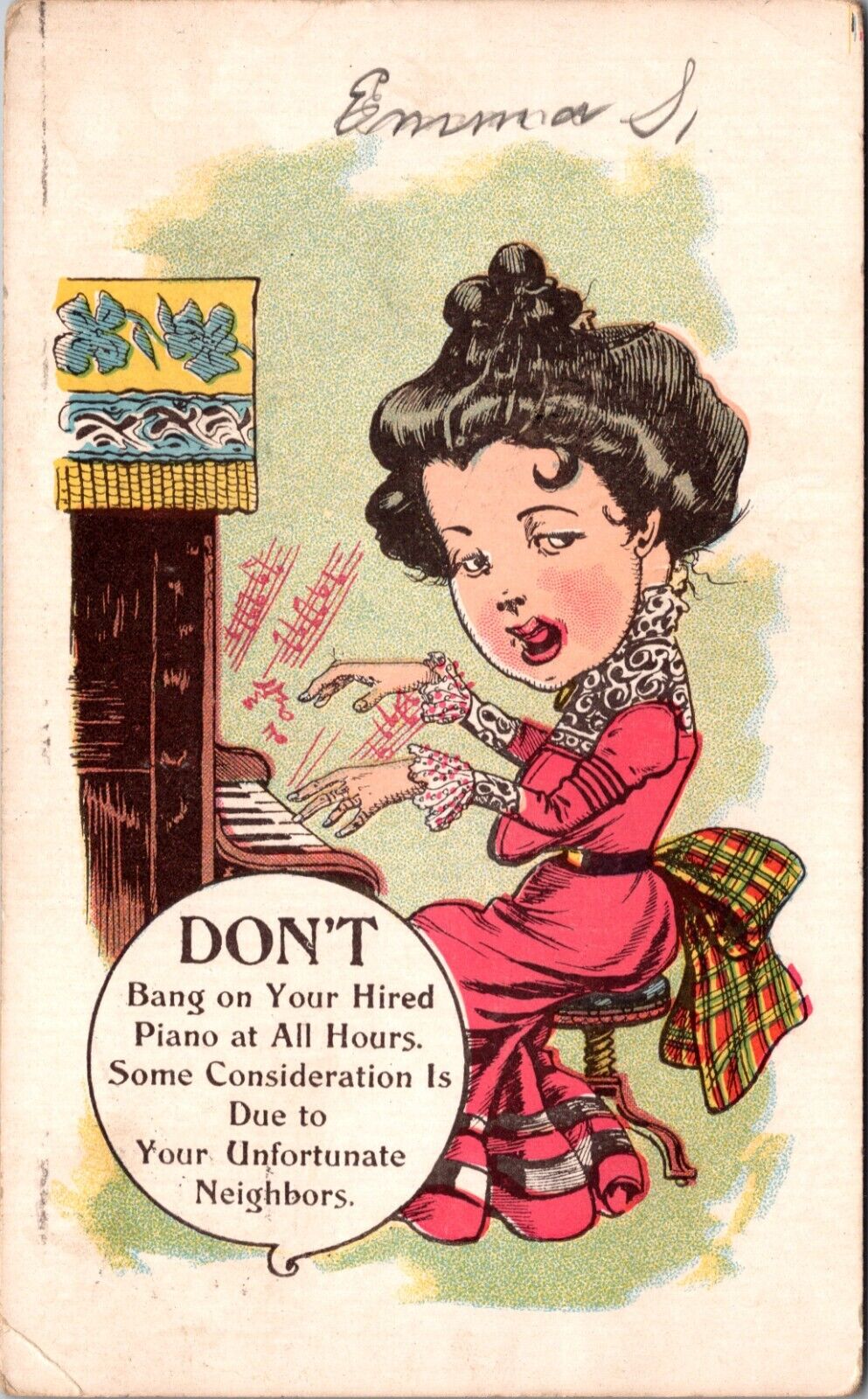 1907 Vinegar Valentine Postcard Lady Playing  Music “Don’t Bang on Your Piano”