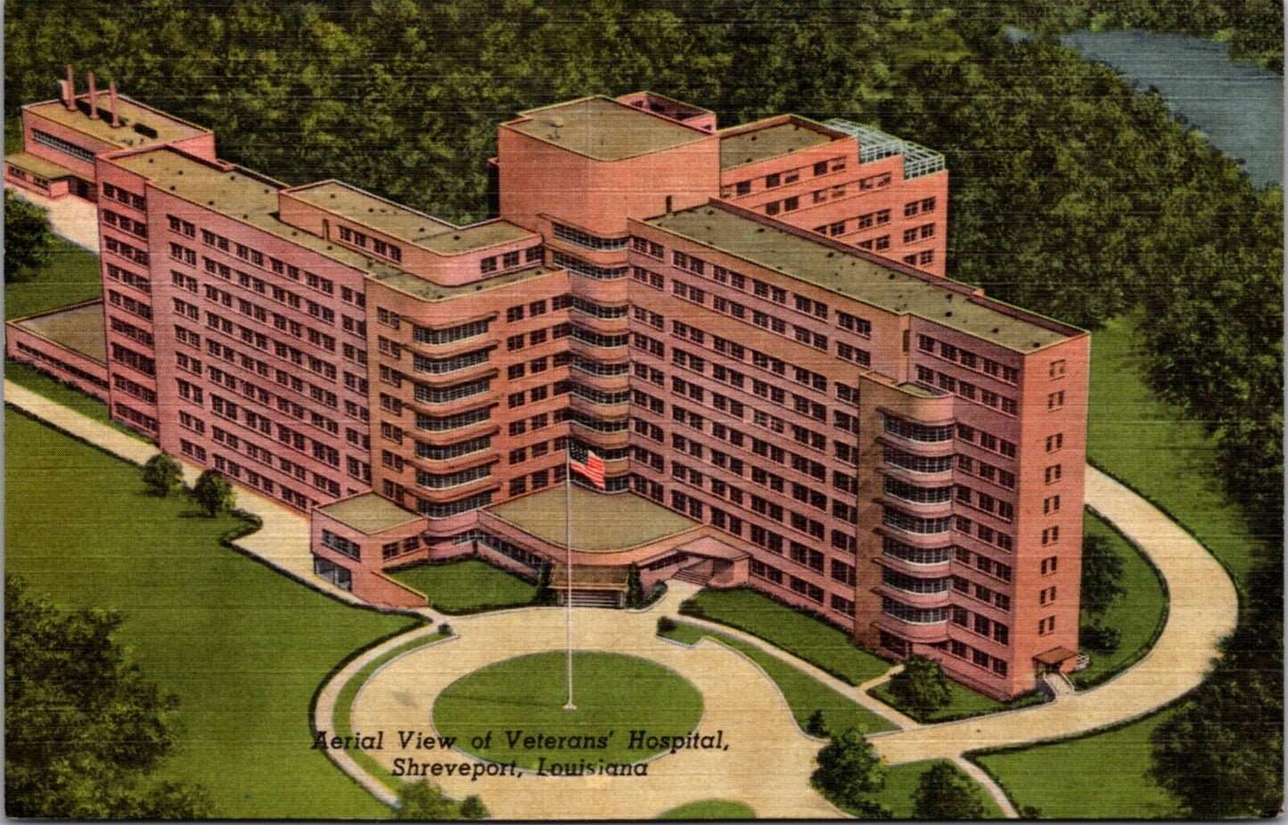 Linen Postcard Aerial View of Veterans' Hospital in Shreveport, Louisiana