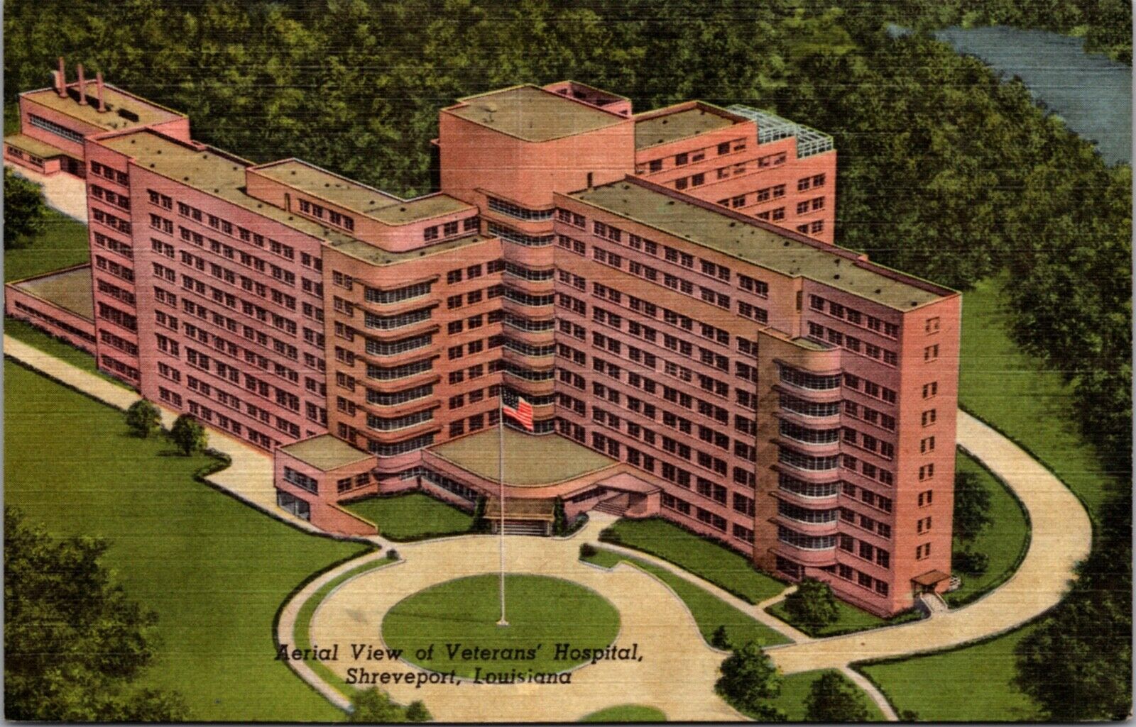 Linen Postcard Aerial View of Veterans' Hospital in Shreveport, Louisiana
