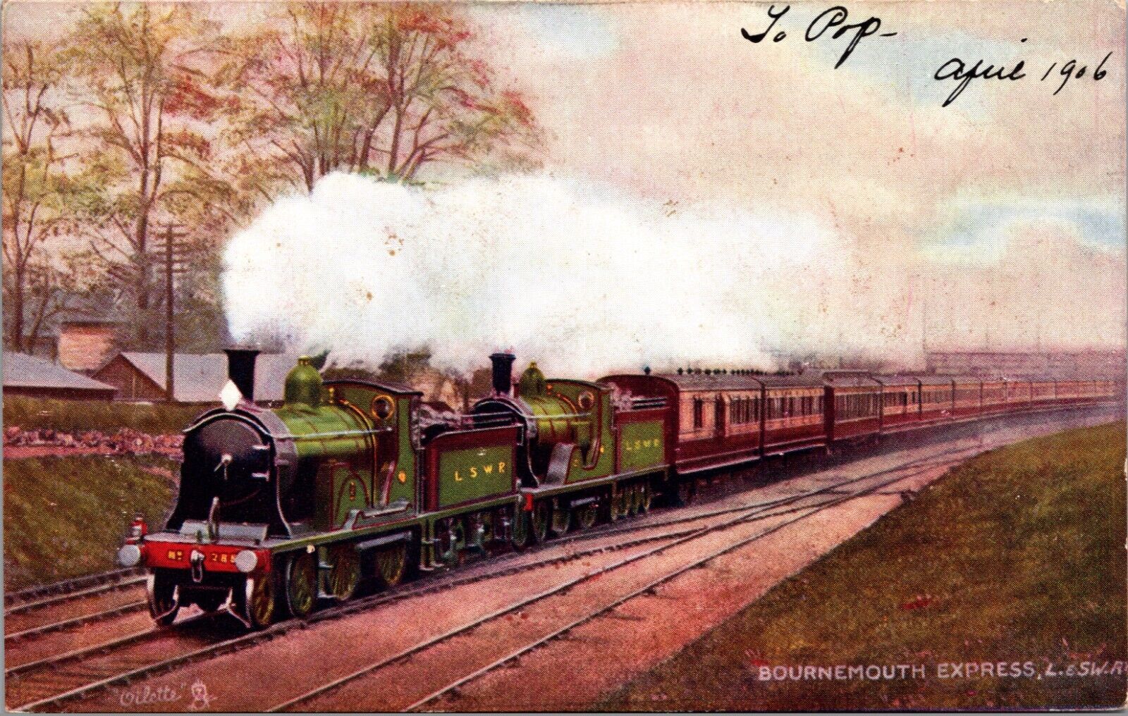 1906 Postcard England UK Bournemouth Express Train LSWR Raphael Tuck