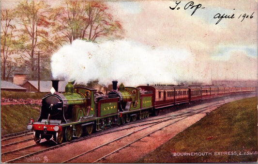 1906 Postcard England UK Bournemouth Express Train LSWR Raphael Tuck