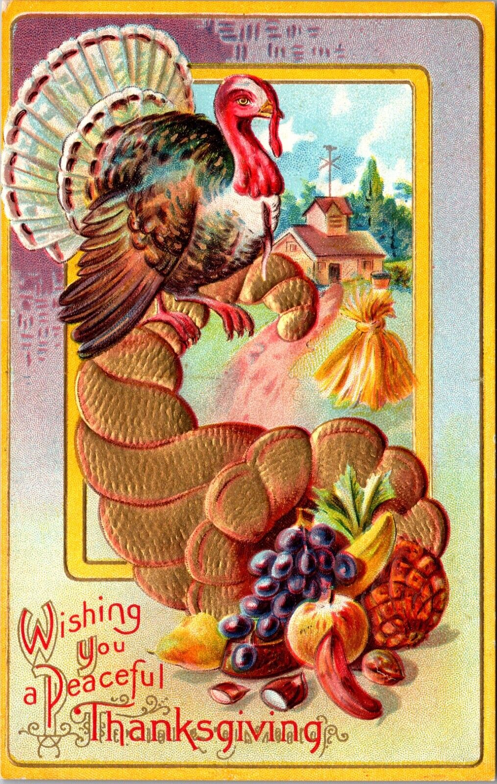 Wishing You A Peaceful Thanksgiving Postcard Turkey Standing on a Horn of Plenty