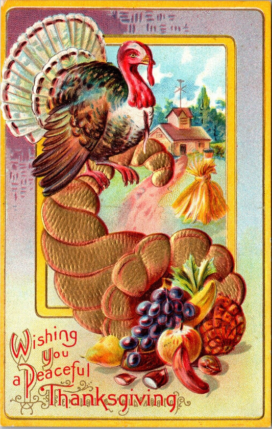 Wishing You A Peaceful Thanksgiving Postcard Turkey Standing on a Horn of Plenty