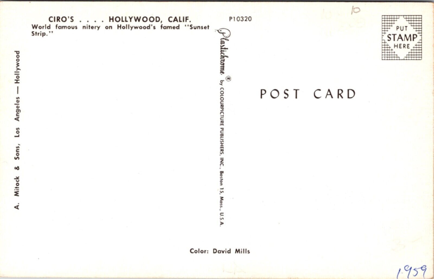 Postcard Nat King Cole at Ciro's on Sunset Strip in Hollywood, California