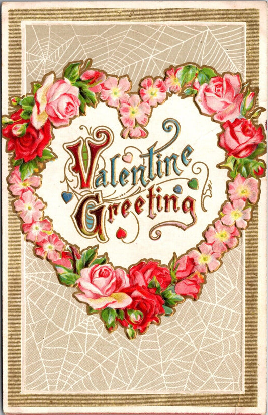 Vintage Valentine Postcard Valentine Greetings Floral Heart, Cobweb Background
