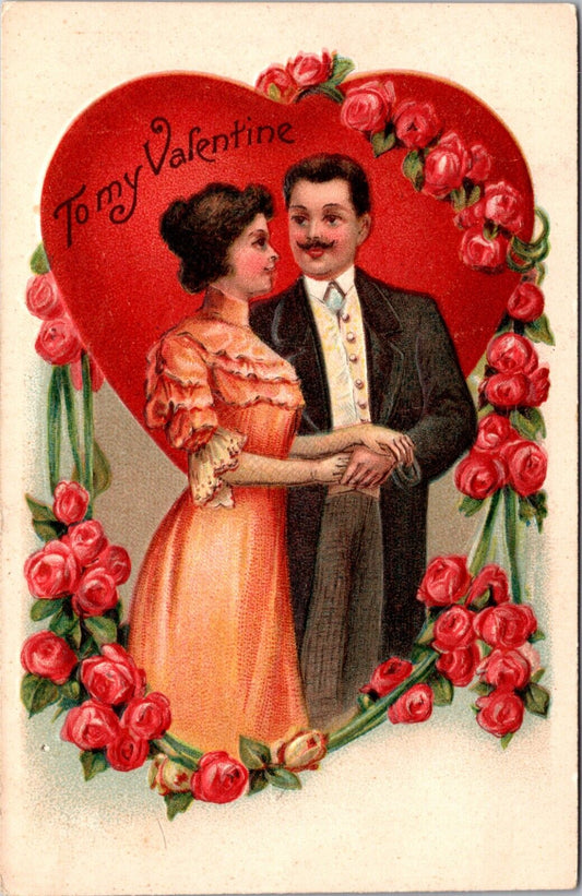 Vintage Valentine Postcard Well Dressed Couple Holding Hands, Red Heart & Roses