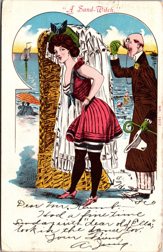 1906 Postcard  a/s F Roedel Lady in Red Bathing Suit at Beach A Sand-Witch