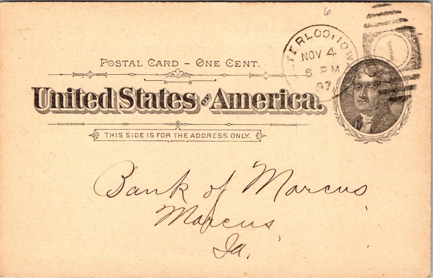 1897 Recept Postcard Commercial National Bank in Waterloo, Iowa