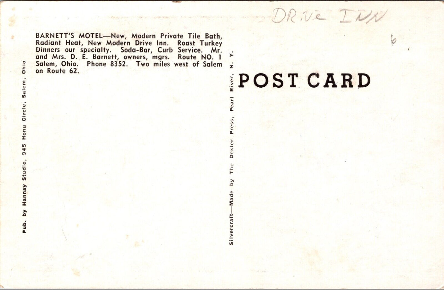 Postcard Barnett's Motel U.S. 62 in Salem, Ohio