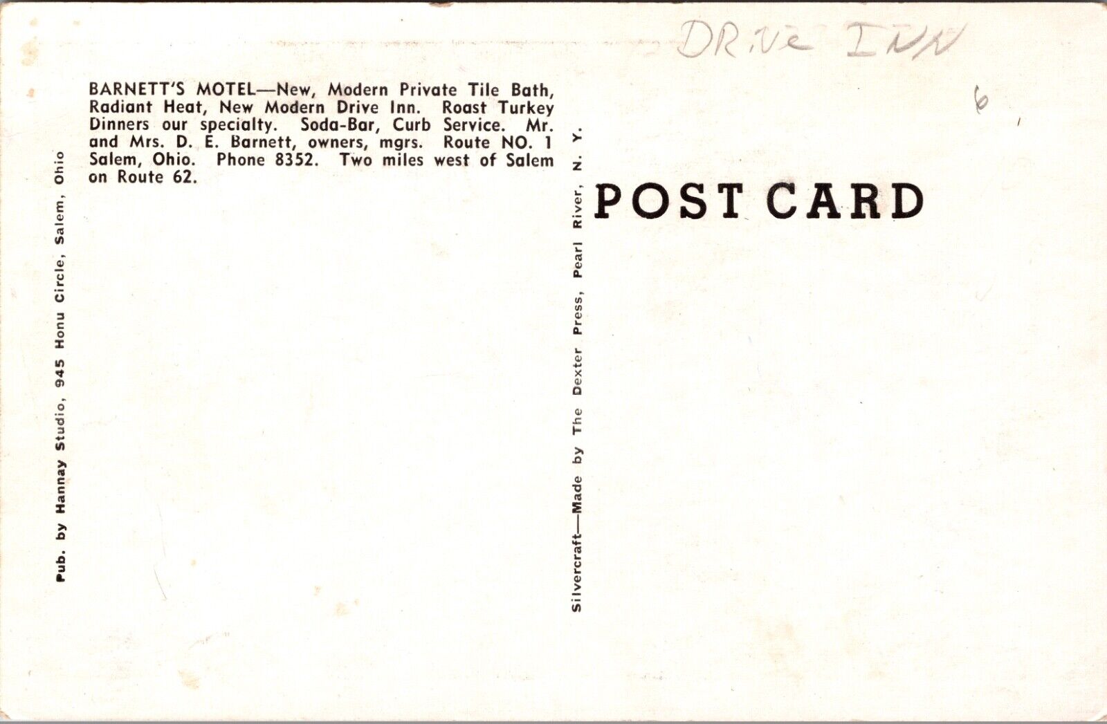 Postcard Barnett's Motel U.S. 62 in Salem, Ohio