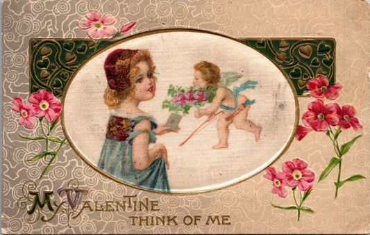 Vintage Valentine Postcard Little Girl Hands Letter to Messenger Cupid  1914