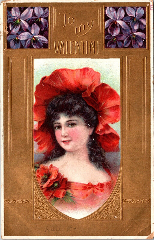 Vintage Valentine’s Postcard Dark Haired Lady in Red Flower Shaped Hat c 1904