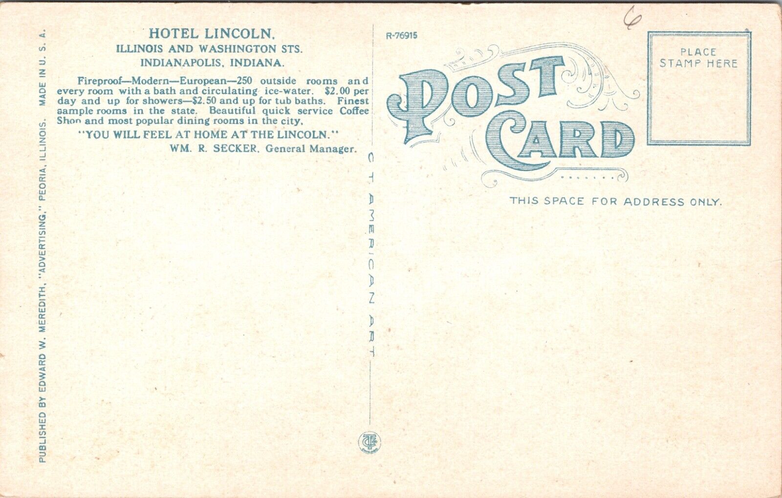 Postcard Dining Room at Hotel Lincoln in Indianapolis, Indiana
